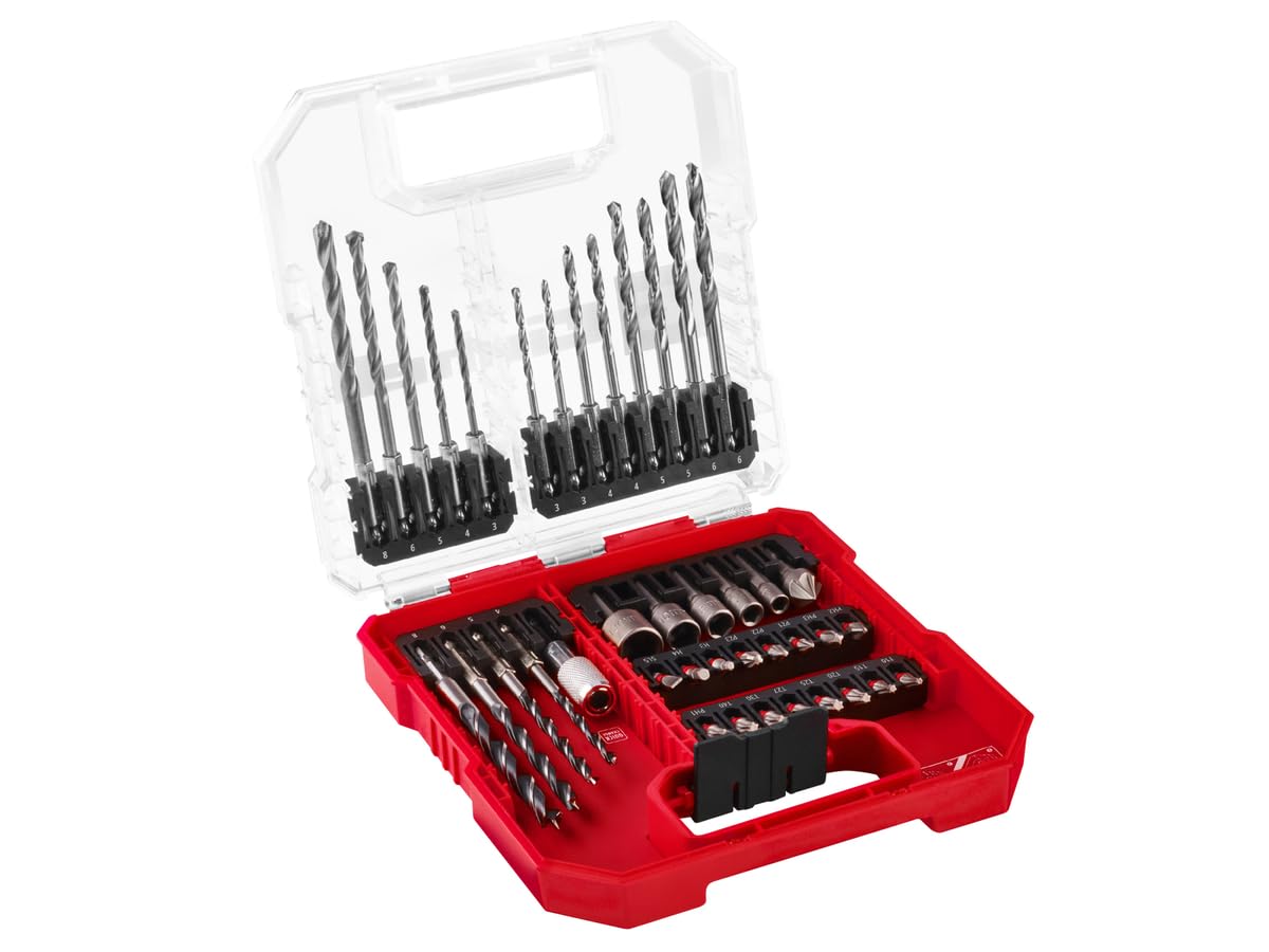 Einhell L-CASE Juego de brocas y taladros de 40 piezas (brocas de 25 mm, portapuntas de cambio rápido, llave de vaso, avellanador, brocas para metal, piedra y madera, incl. caja de almacenamiento)