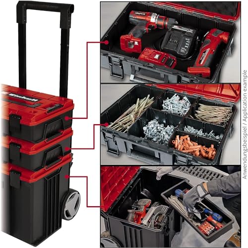 Original Einhell Maleta con sistema E-Case S-F (máx. 25 kg, almacenamiento y transporte universales de accesorios y herramientas, apilable, a prueba de salpicaduras, incluye 2 insertos de espuma)