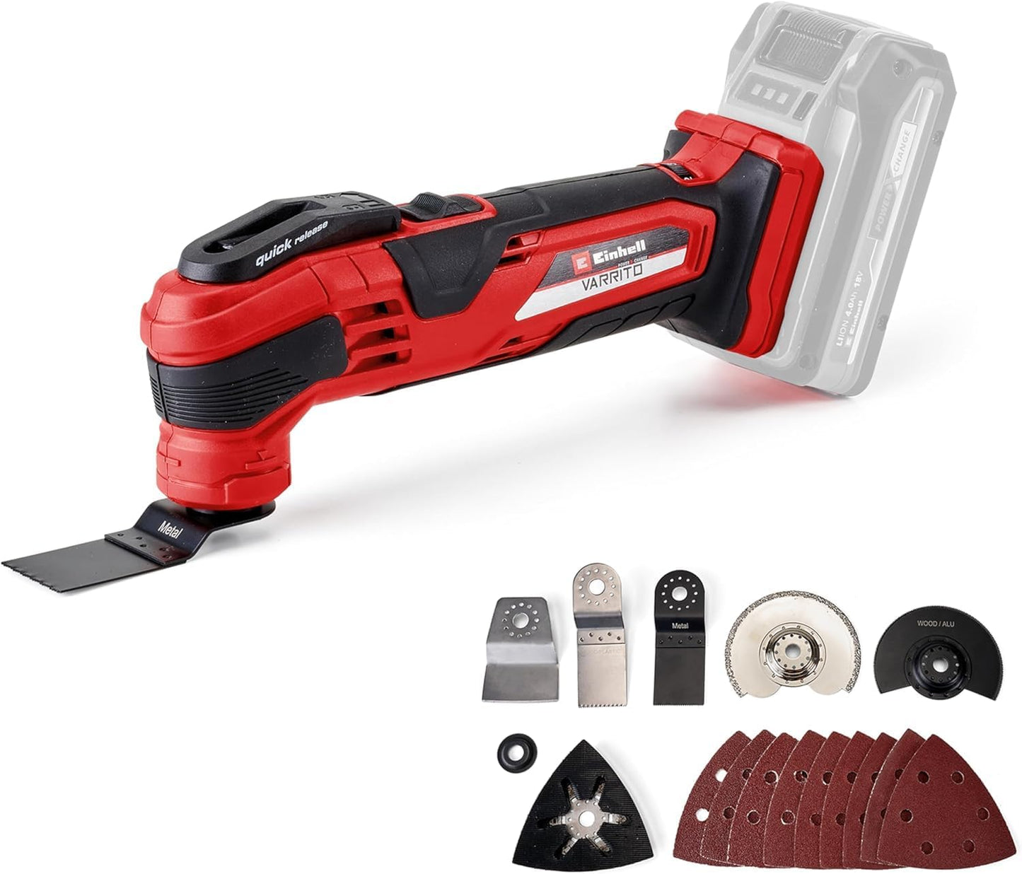 Einhell Herramienta multifunción a batería VARRITO Power X-Change (Li-Ion, 18V, 11000-20000 min.-1, cierre rápido, portaherramientas ajustable en 12 posiciones, sin batería ni cargador)