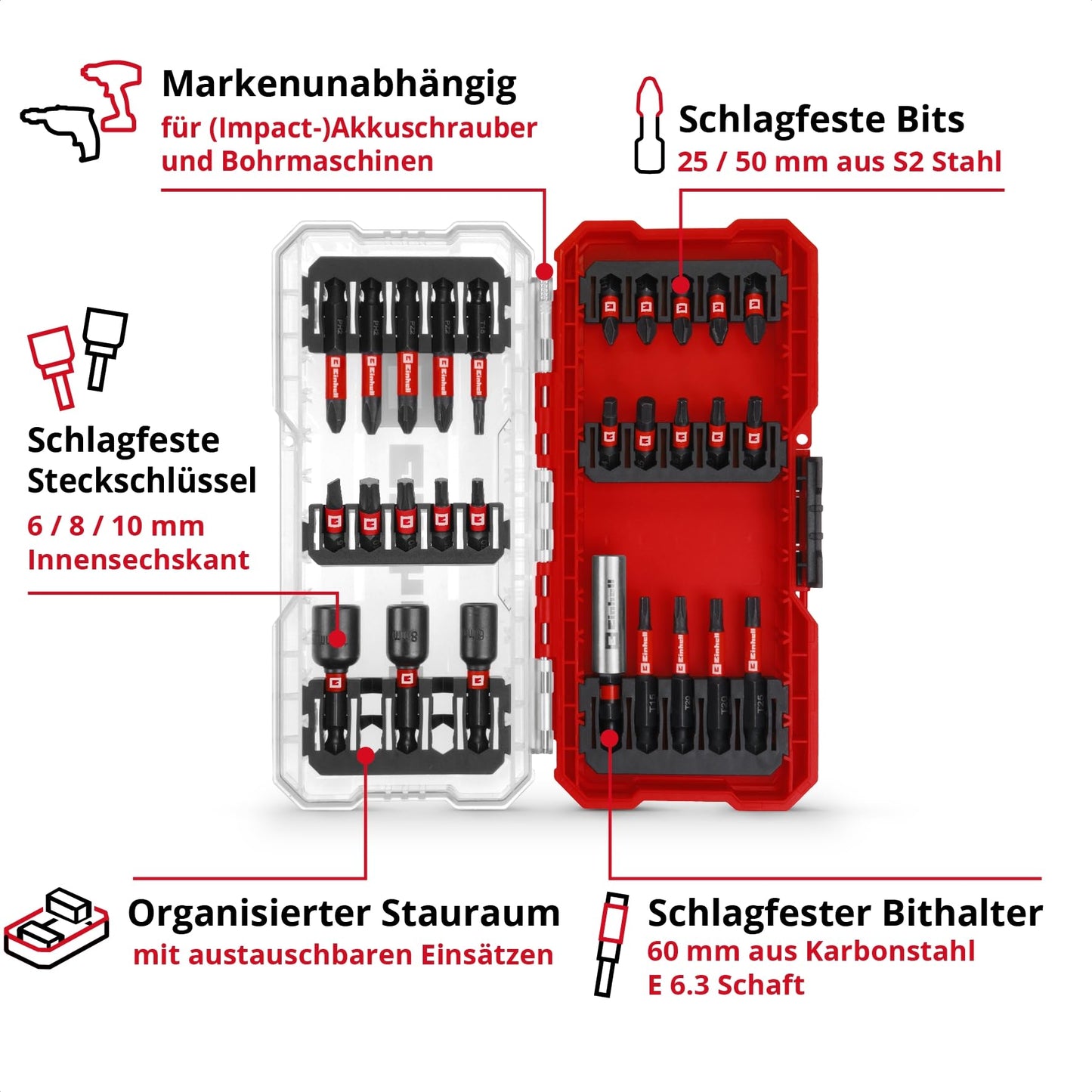 Einhell L-CASE Juego de brocas y taladros de 40 piezas (brocas de 25 mm, portapuntas de cambio rápido, llave de vaso, avellanador, brocas para metal, piedra y madera, incl. caja de almacenamiento)