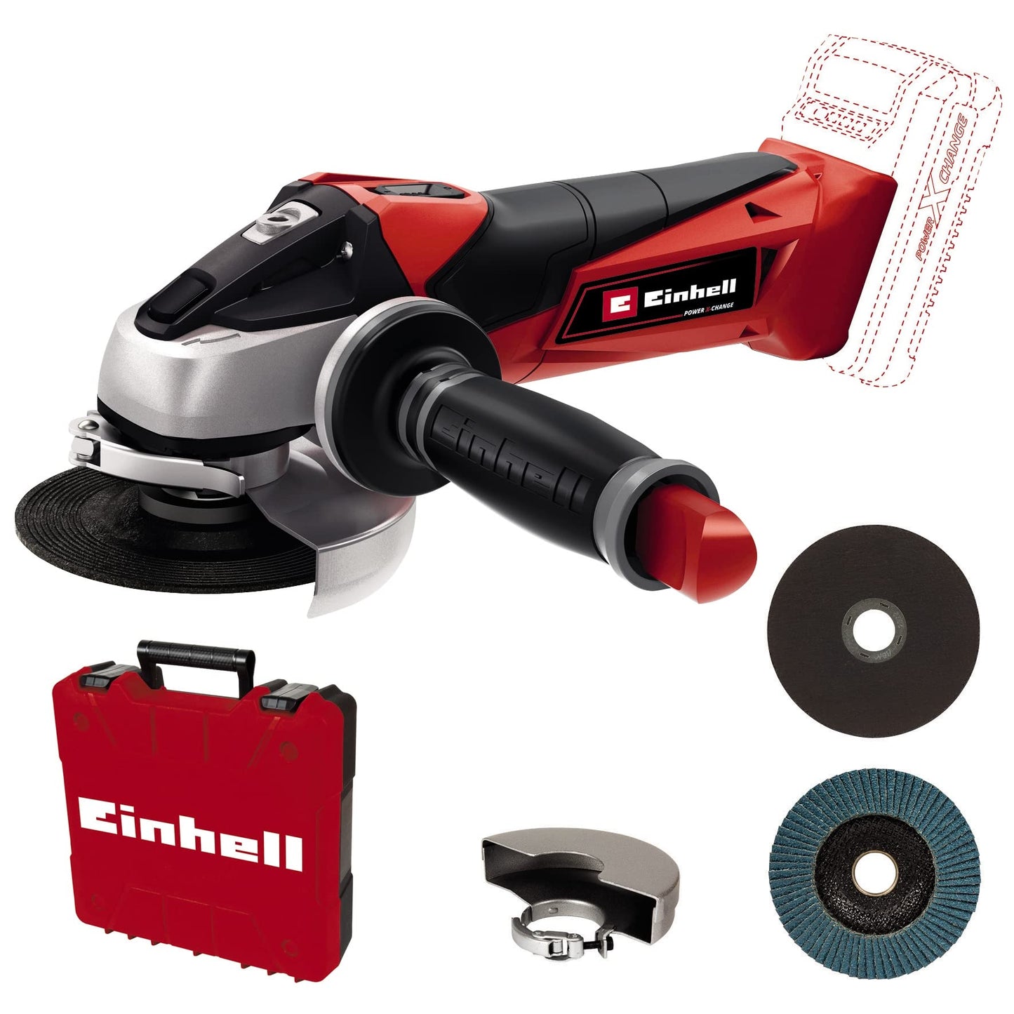 Einhell Amoladora angular con batería TE-AG 18/115 Li-Solo Acc Power X-Change (18 V, 115 mm diámetro de disco, 28 mm profundidad de corte, arranque suave, incl. disco, sin batería)