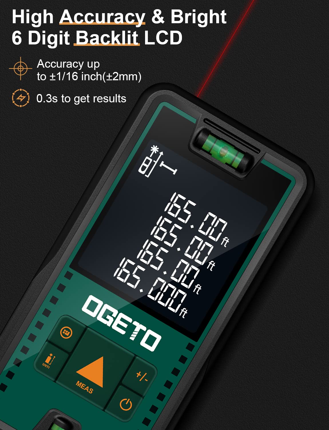 Medidor Láser, OGETO Medidor de Distancia Láser IP54 Herramienta de Medición Digital Portátil Telémetro con Niveles de Burbuja y Gran Pantalla LCD Retroiluminada