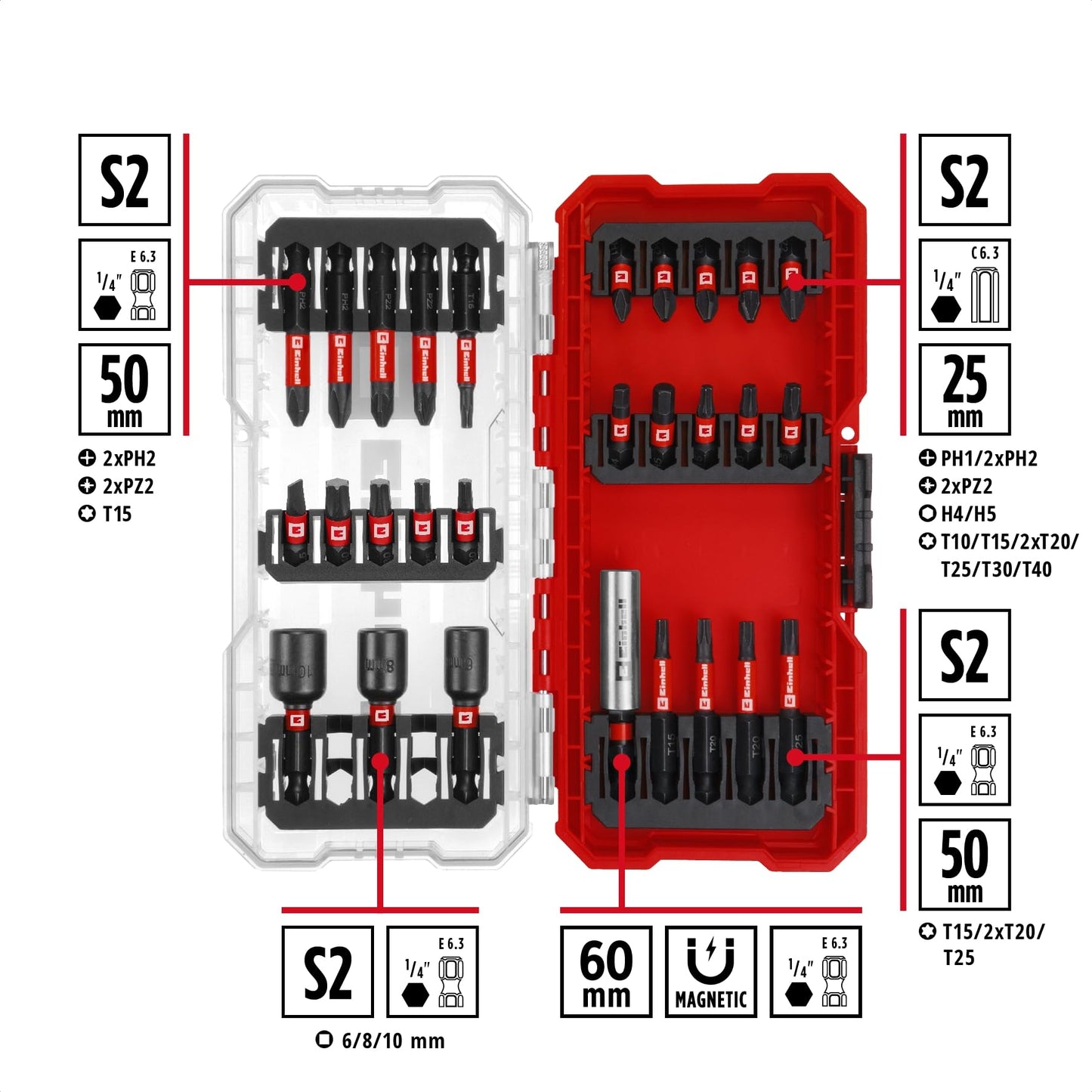 Einhell L-CASE Juego de brocas y taladros de 40 piezas (brocas de 25 mm, portapuntas de cambio rápido, llave de vaso, avellanador, brocas para metal, piedra y madera, incl. caja de almacenamiento)