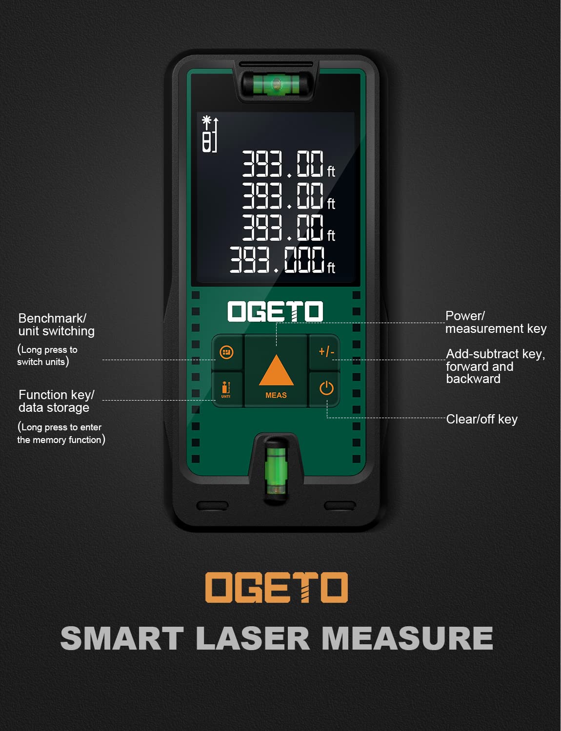 Medidor Láser, OGETO Medidor de Distancia Láser IP54 Herramienta de Medición Digital Portátil Telémetro con Niveles de Burbuja y Gran Pantalla LCD Retroiluminada