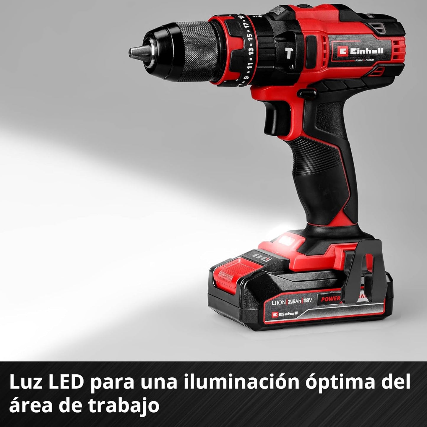 Einhell Taladro percutor con batería TE-CD 18/44 Li-i Power X-Change (18V, 44 Nm, función de perforación por percusión, portabrocas metálico de 13 mm, 2 velocidades, incl. batería de 2,5 Ah y batería)