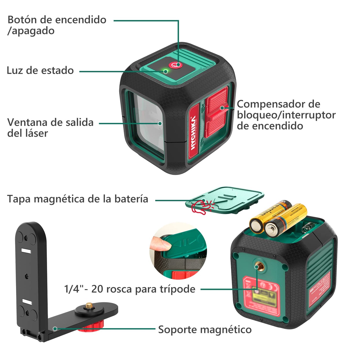 HYCHIKA Nivel Laser, Nivel Laser Autonivelante Rojo, 15m, Nivel Láser Manual/Automático, IP54, Base Magnética Giratoria 360°, Herramienta De Nivelación