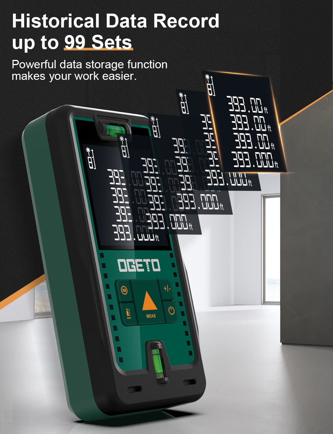 Medidor Láser, OGETO Medidor de Distancia Láser IP54 Herramienta de Medición Digital Portátil Telémetro con Niveles de Burbuja y Gran Pantalla LCD Retroiluminada