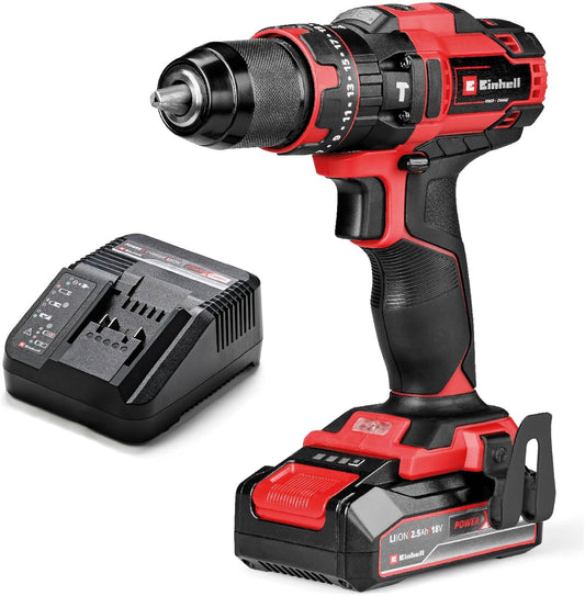 Einhell Taladro percutor con batería TE-CD 18/44 Li-i Power X-Change (18V, 44 Nm, función de perforación por percusión, portabrocas metálico de 13 mm, 2 velocidades, incl. batería de 2,5 Ah y batería)