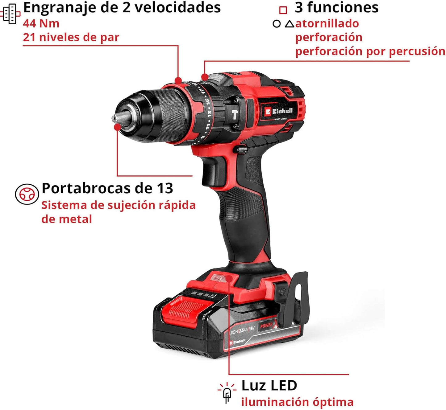 Einhell Taladro percutor con batería TE-CD 18/44 Li-i Power X-Change (18V, 44 Nm, función de perforación por percusión, portabrocas metálico de 13 mm, 2 velocidades, incl. batería de 2,5 Ah y batería)