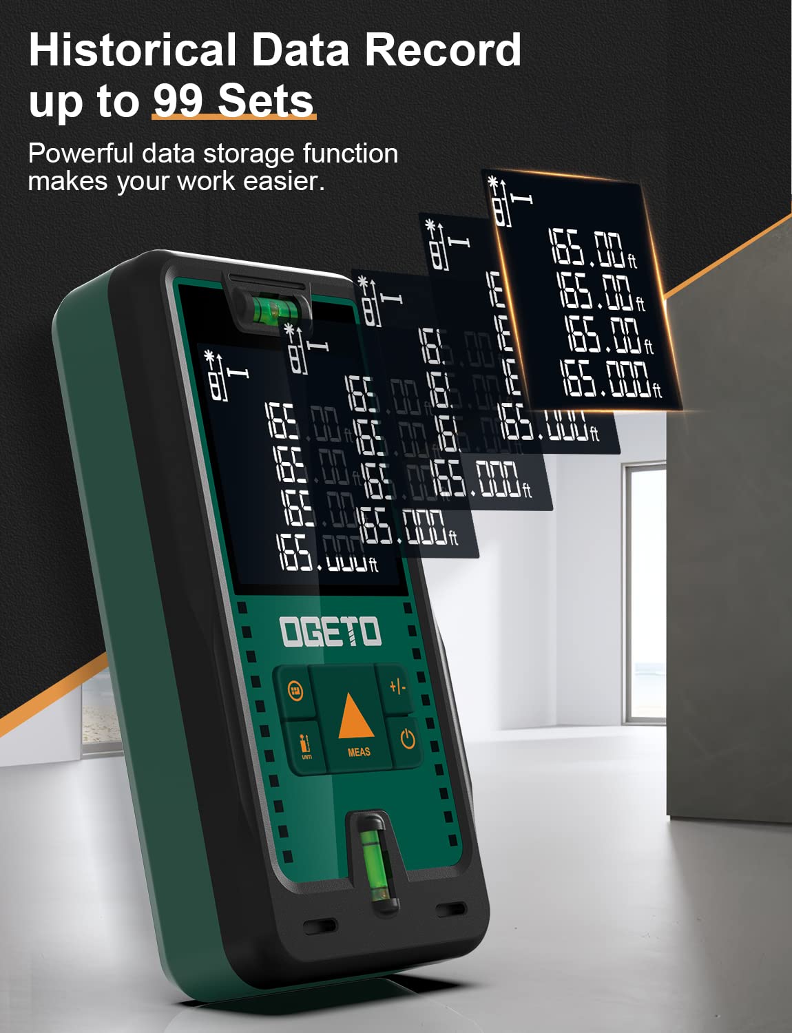 Medidor Láser, OGETO Medidor de Distancia Láser IP54 Herramienta de Medición Digital Portátil Telémetro con Niveles de Burbuja y Gran Pantalla LCD Retroiluminada