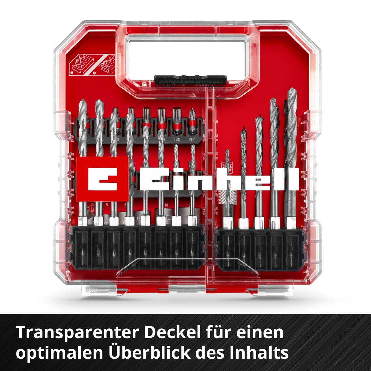 Einhell L-CASE Juego de brocas y taladros de 40 piezas (brocas de 25 mm, portapuntas de cambio rápido, llave de vaso, avellanador, brocas para metal, piedra y madera, incl. caja de almacenamiento)