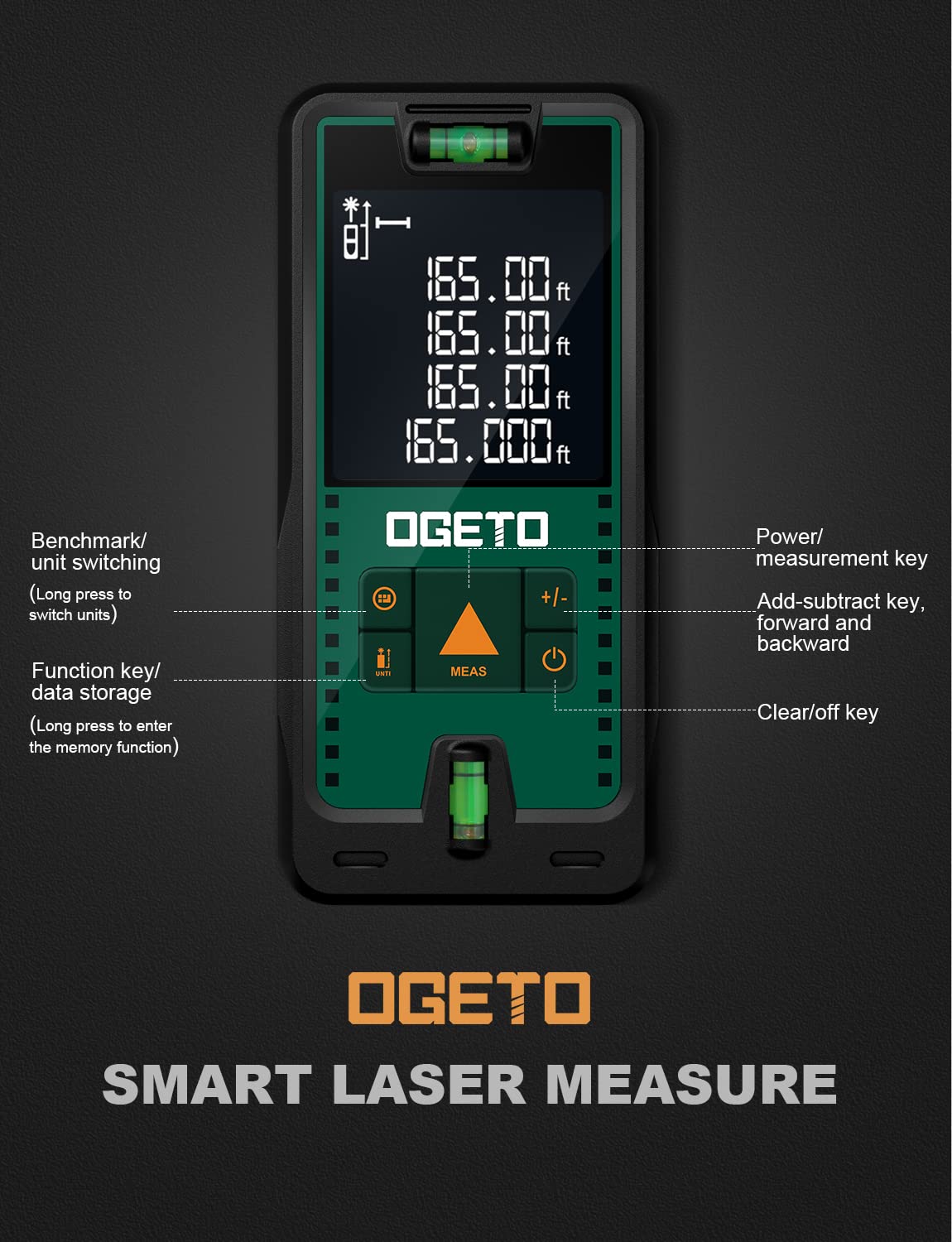 Medidor Láser, OGETO Medidor de Distancia Láser IP54 Herramienta de Medición Digital Portátil Telémetro con Niveles de Burbuja y Gran Pantalla LCD Retroiluminada