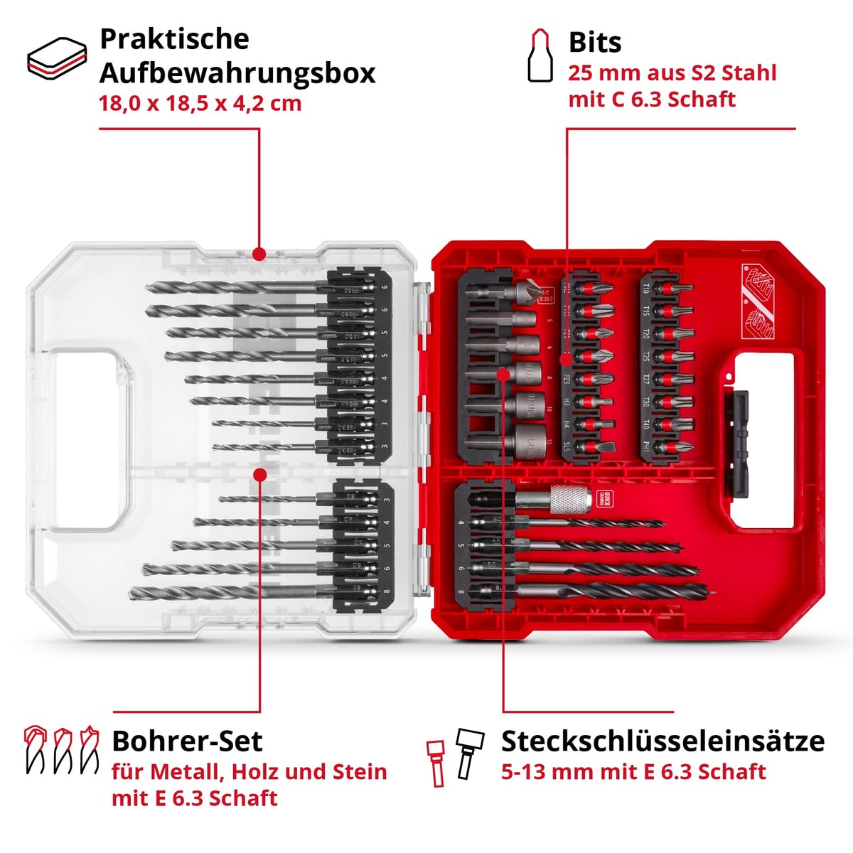 Einhell L-CASE Juego de brocas y taladros de 40 piezas (brocas de 25 mm, portapuntas de cambio rápido, llave de vaso, avellanador, brocas para metal, piedra y madera, incl. caja de almacenamiento)