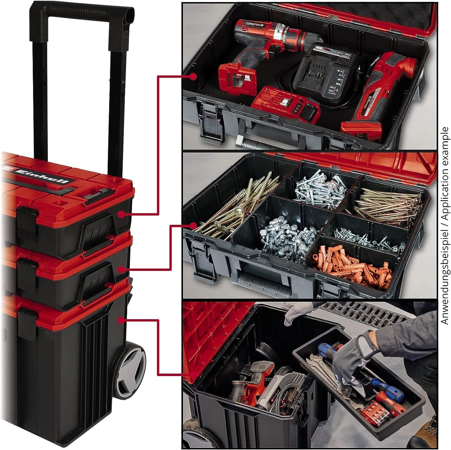 Original Einhell Maleta con sistema E-Case S-F (máx. 25 kg, almacenamiento y transporte universales de accesorios y herramientas, apilable, a prueba de salpicaduras, incluye 2 insertos de espuma)